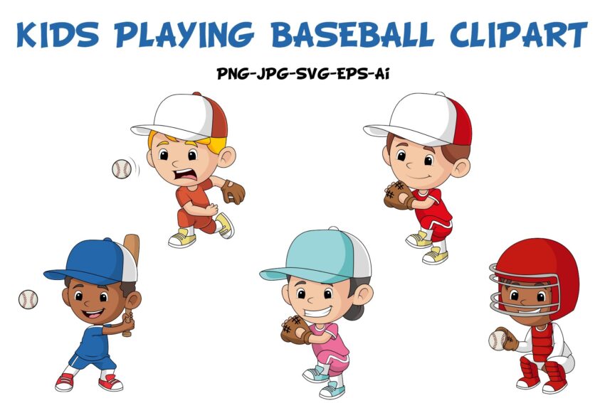Cute Kids Playing Baseball Clipart