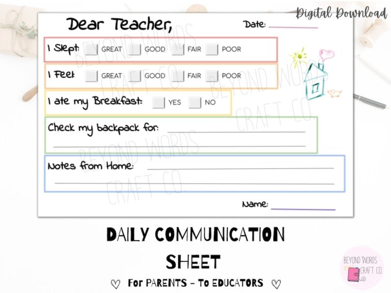 Daily Communication Sheet Printable For Parents And Teachers Daily School Log Morning Report To School Behavior Log Download Etsy
