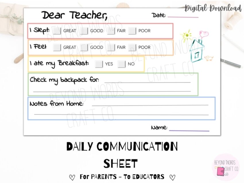 Daily Communication Sheet Printable For Parents And Teachers Daily School Log Morning Report To School Behavior Log Download Etsy