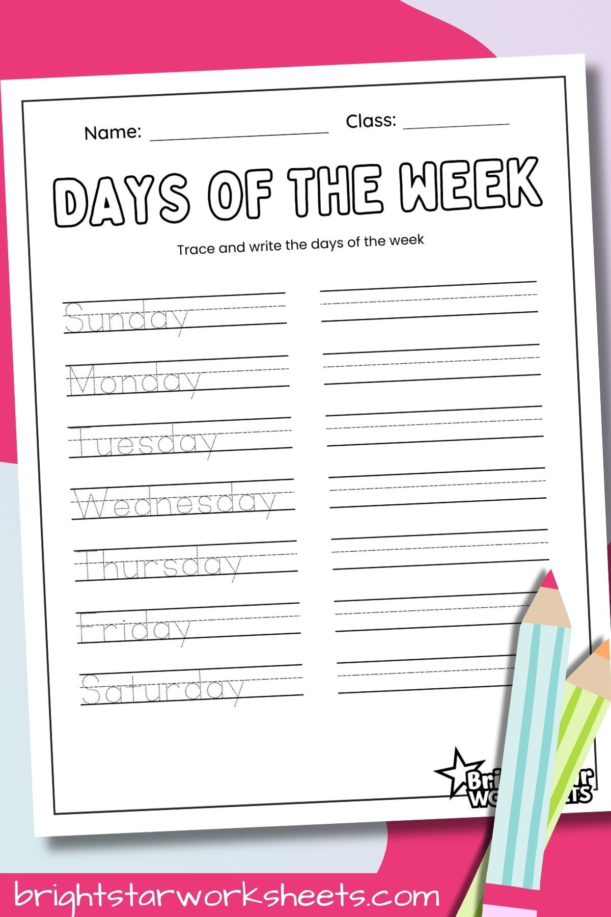 Days Of The Week Tracing Worksheet Free Printable Bright Star Worksheets