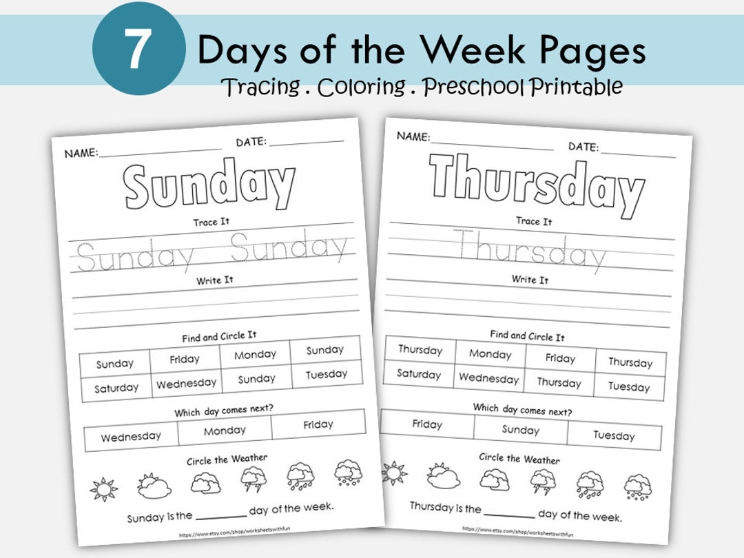 Days Of The Week Worksheets For Preschool And Kindergarten Learn The Days Of The Week Tracing Writing And Activities Instant Download Etsy