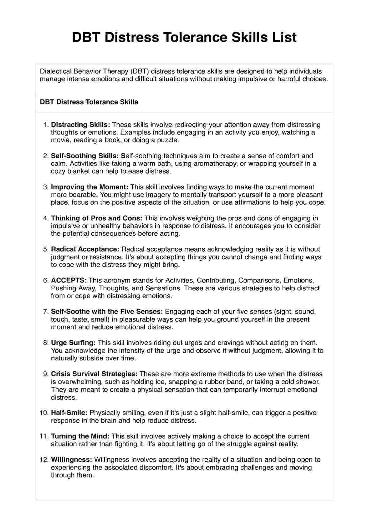 DBT Distress Tolerance Skills List Example Free PDF Download