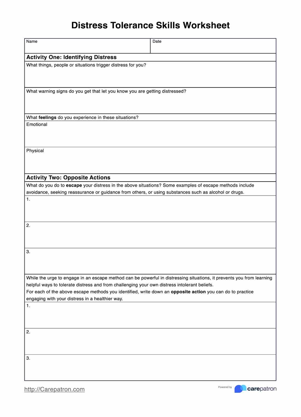 DBT Distress Tolerance Skills List Example Free PDF Download