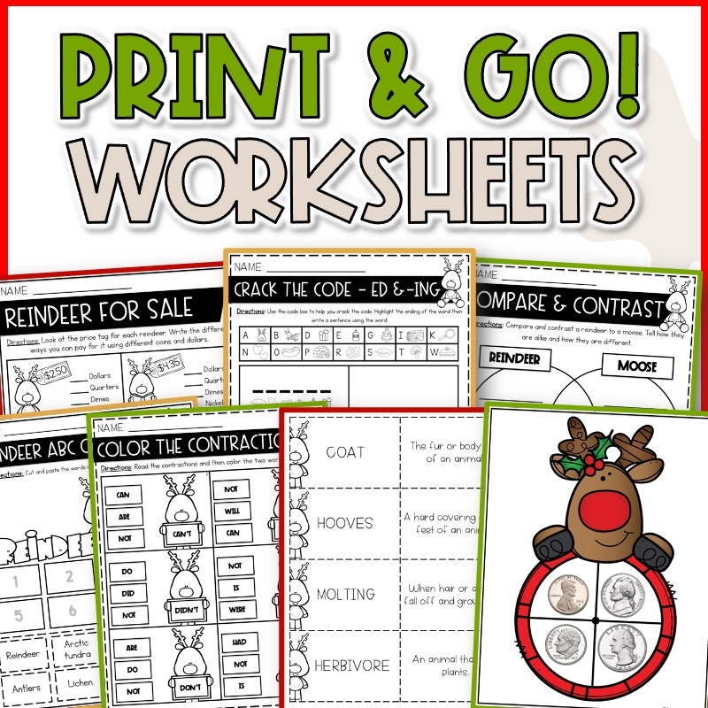 December Worksheet Bundle Reindeer Gingerbread Christmas Tree Activities Math Science ELA Social Studies Priceless Ponderings