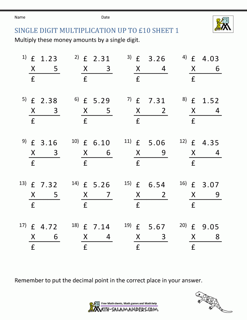 Decimal Multiplication Worksheet 5th Grade