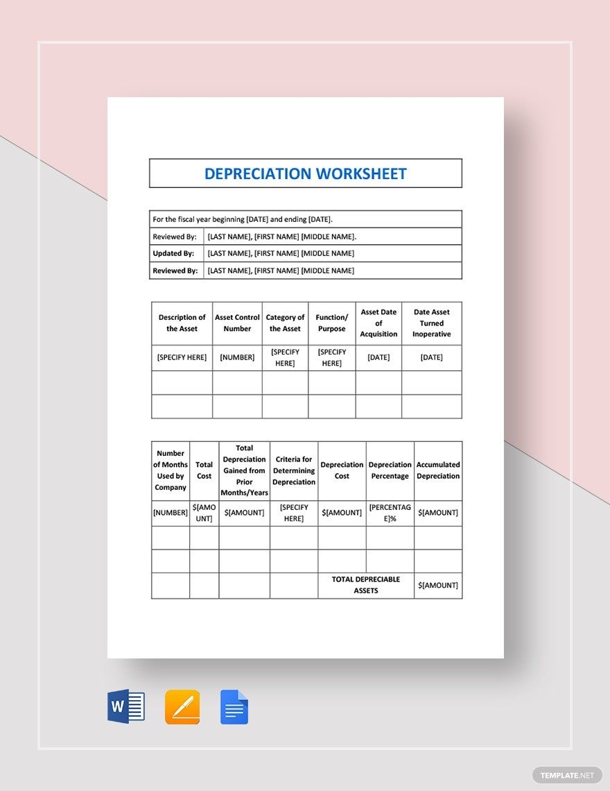 Depreciation Worksheet Template In Google Docs Word Pages Download Template