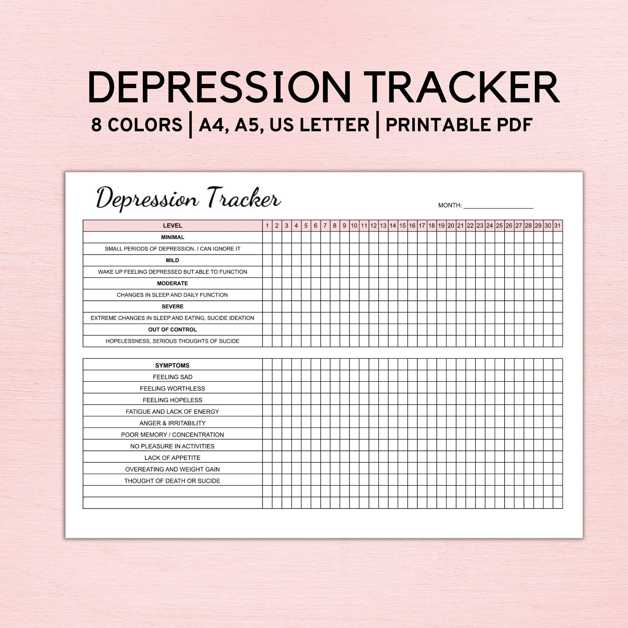 Depression Tracker Printable Depression Worksheet Anxiety Tracker Mood Tracker Daily Symptom Tracker Happiness Tracker A4 LETTER A5 Etsy