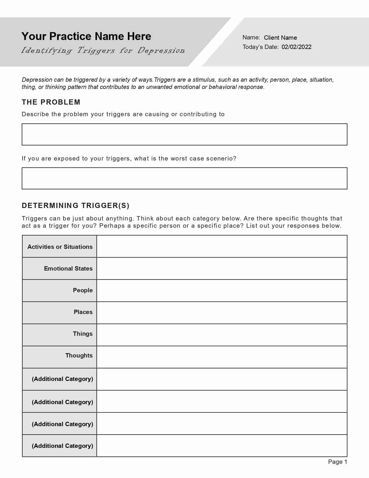 Depression Triggers Worksheet Editable Fillable Printable PDF TherapyByPro