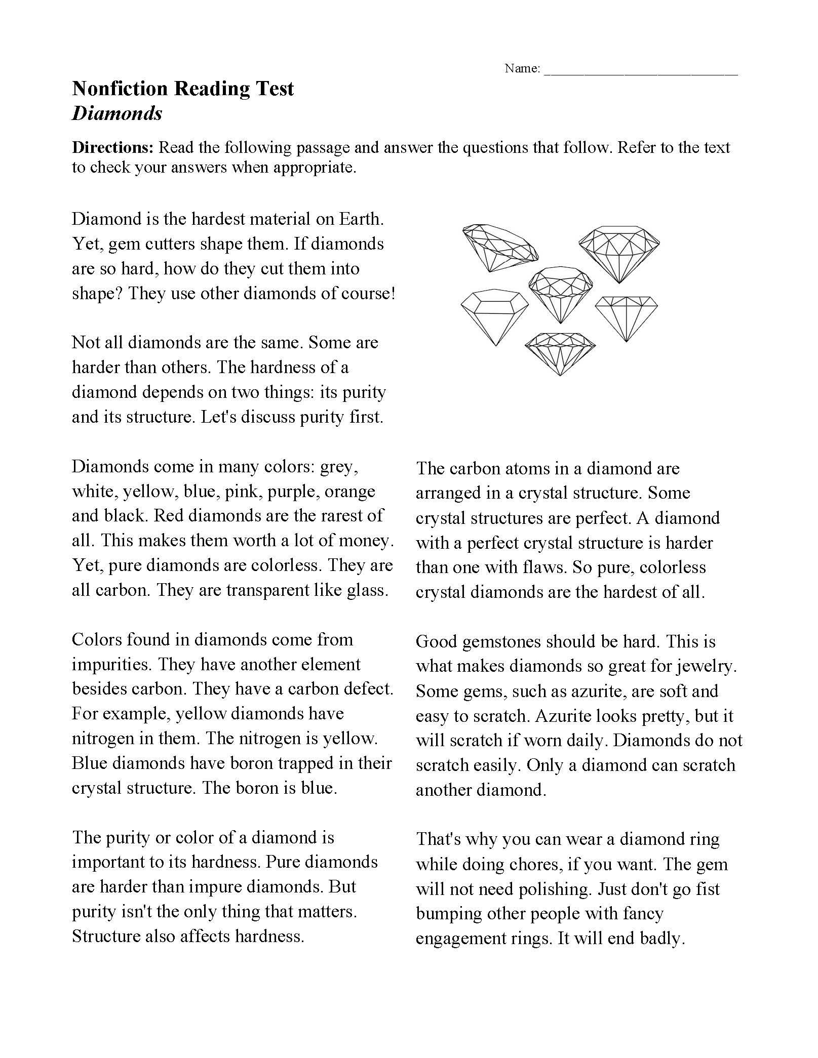 Diamonds Nonfiction Reading Activity Diamonds Nonfiction Reading Activity