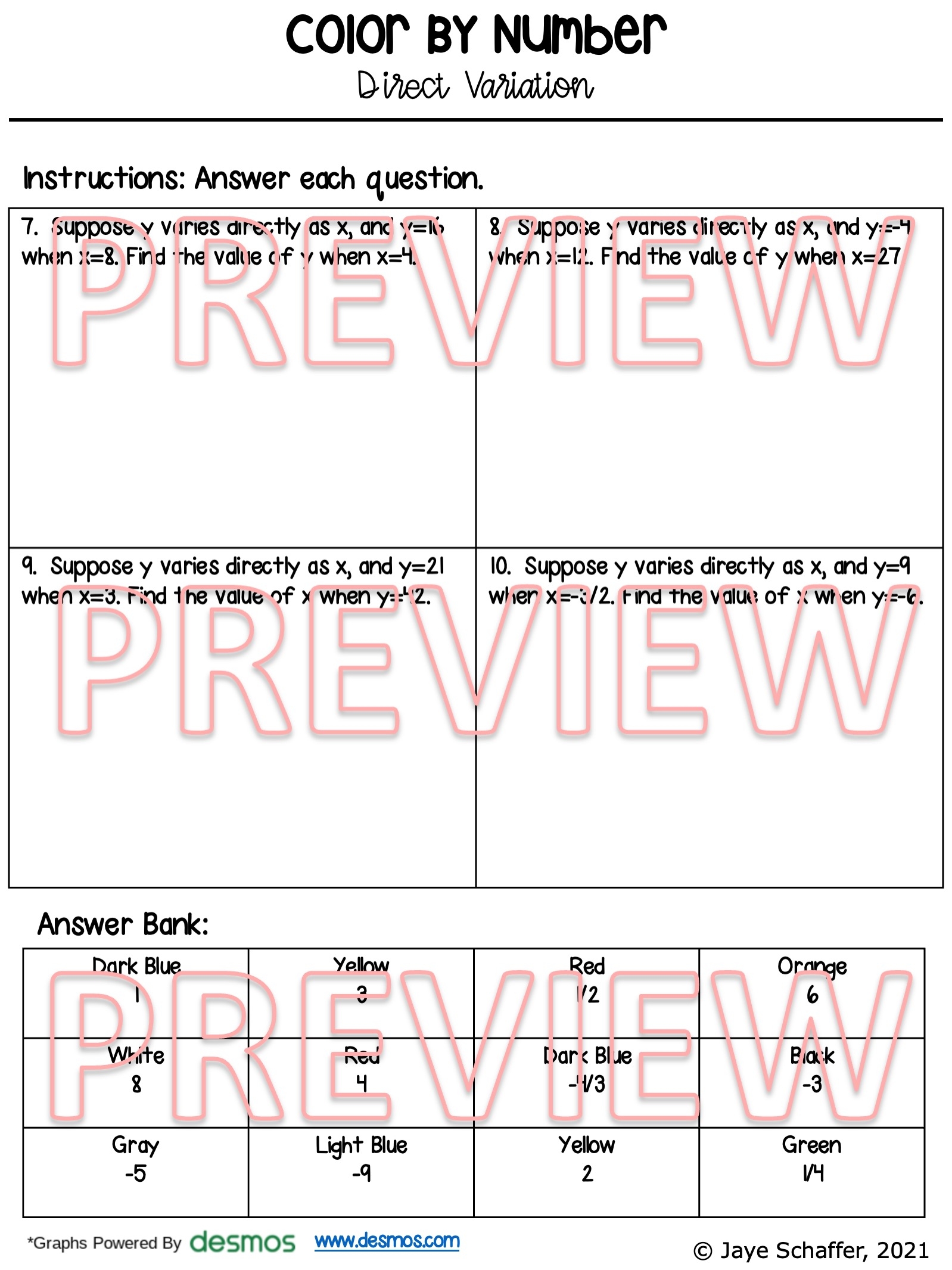 Direct Variation Coloring Activity Made By Teachers Direct Variation Coloring Activity Made By Teachers