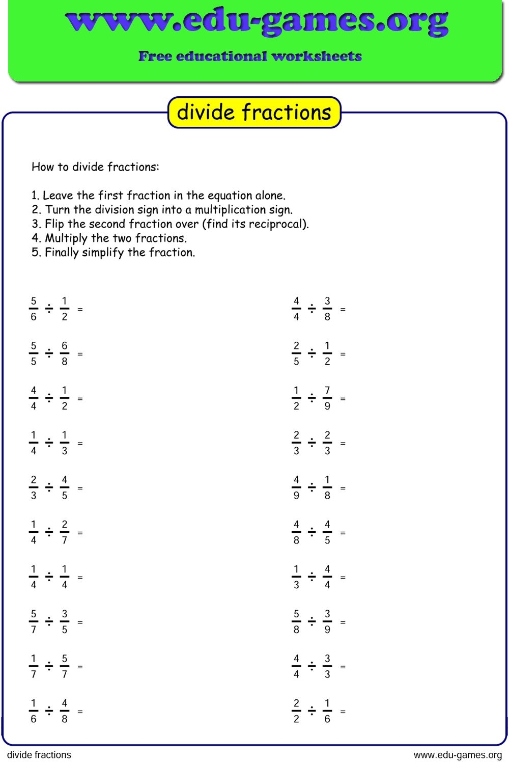 Dividing Fractions Worksheet Edu games