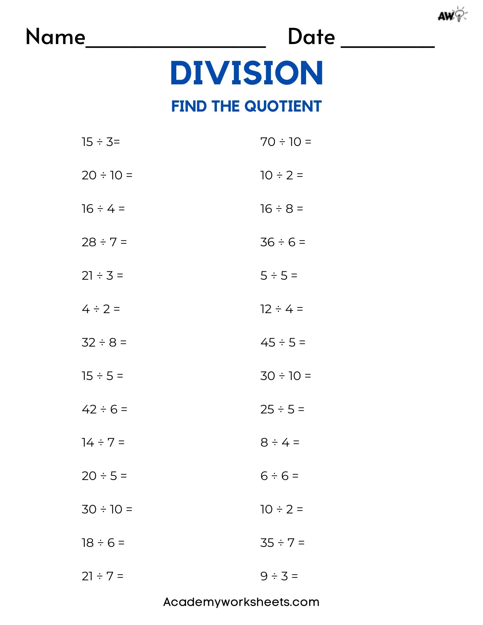 Division Sheets Printable Division Sheets Printable