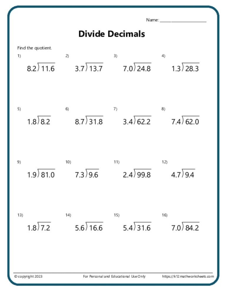 Division With Decimals Worksheets K12 Math Worksheets