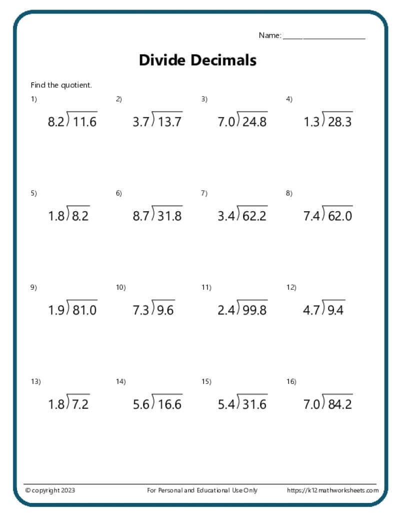 Division With Decimals Worksheets K12 Math Worksheets