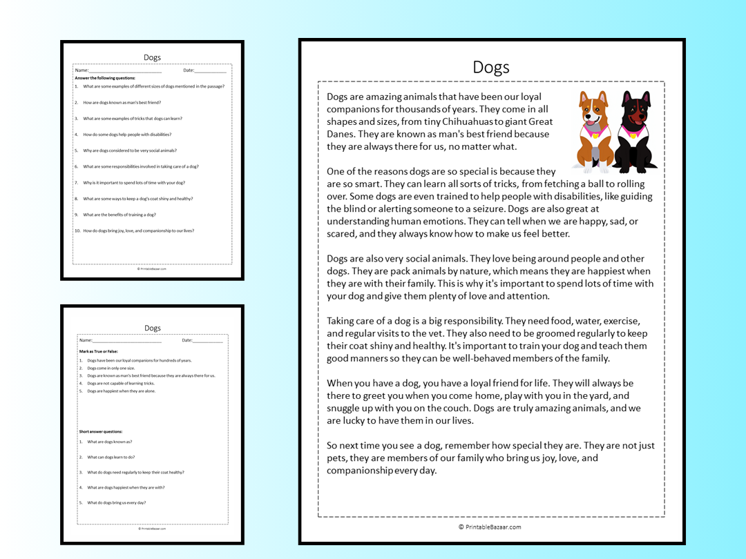 Dogs Reading Comprehension Passage Printable Worksheet Teaching Resources Dogs Reading Comprehension Passage Printable Worksheet Teaching Resources