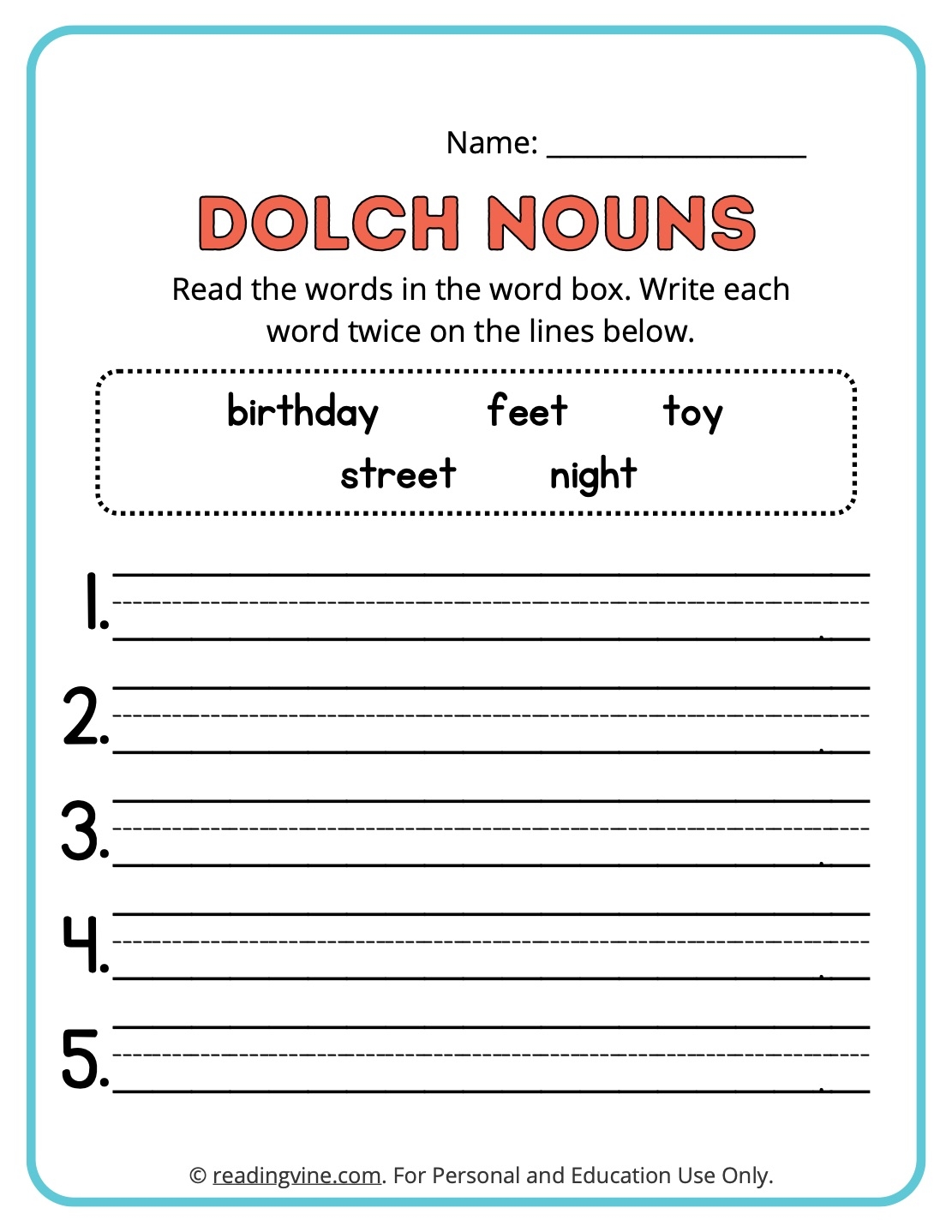 Dolch Nouns Sight Word Worksheets