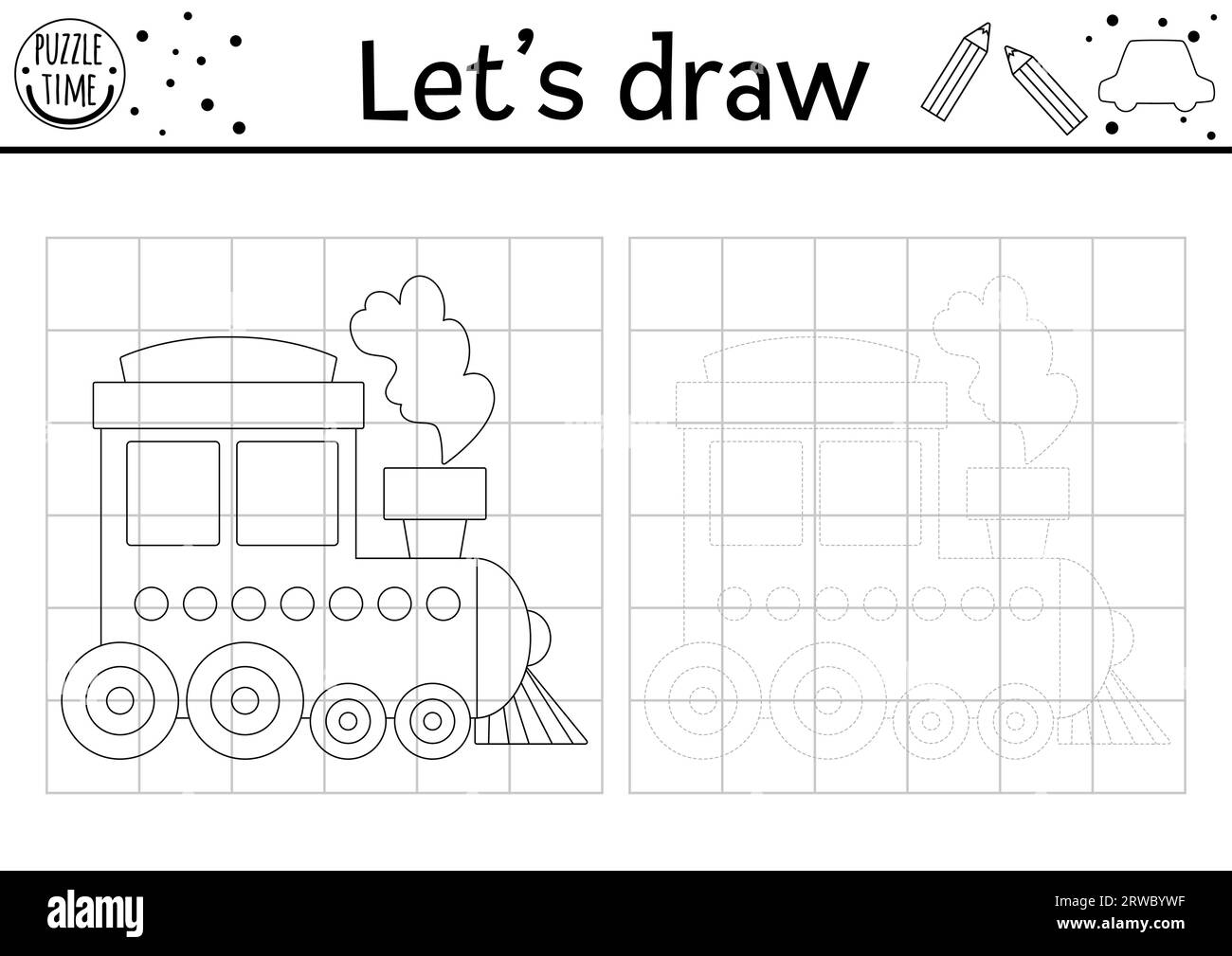 Draw The Train Vector Transport Drawing Practice Worksheet Printable Black And White Activity For Kids With Engine Transportation Copy Or Complete Stock Vector Image U0026 Art Alamy