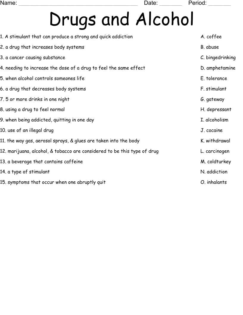 Drugs And Alcohol Worksheet WordMint