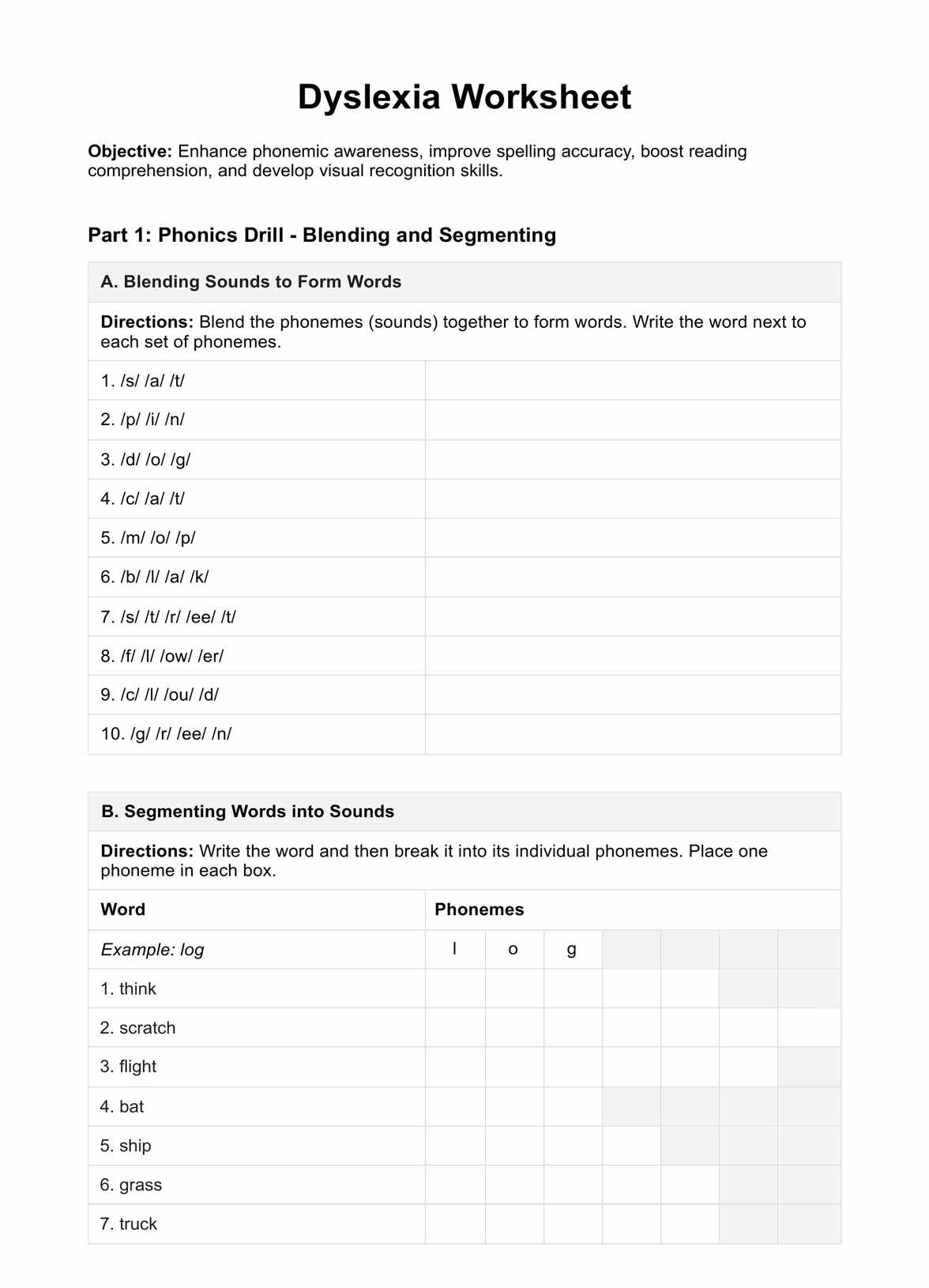 Printable Worksheets For Dyslexia Spelling Pdf