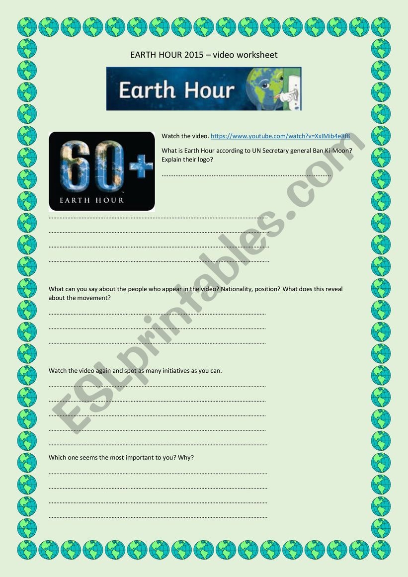 Earth Hour ESL Worksheet By Lifeloveuse Earth Hour ESL Worksheet By Lifeloveuse