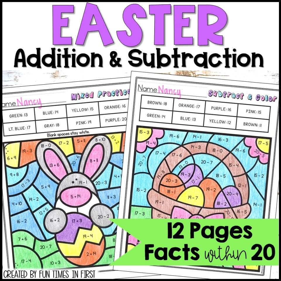 Easter Color By Code Math Worksheets Addition U0026 Subtraction To 20
