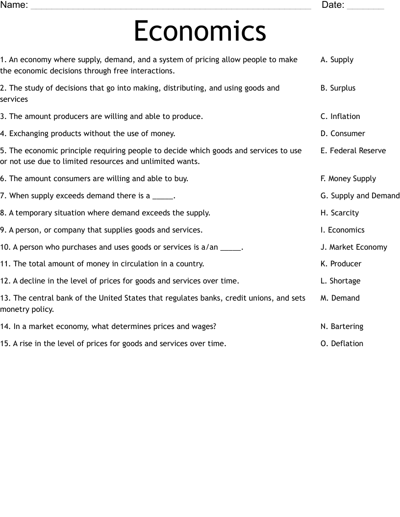 Economics Worksheet WordMint Economics Worksheet WordMint