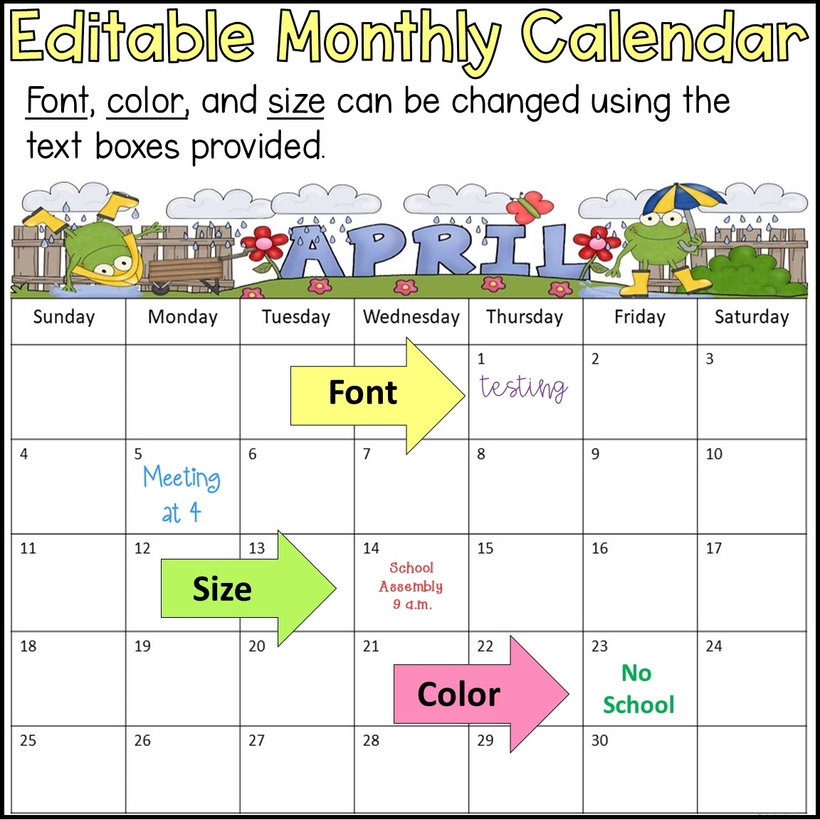 Editable Monthly Calendar Editable Monthly Calendar