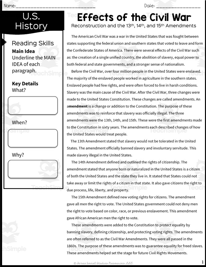 Effects Of The Civil War Reading Packet By Teach Simple Effects Of The Civil War Reading Packet By Teach Simple