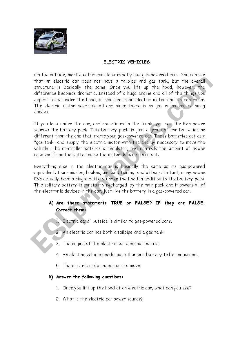 Electric Vehicles ESL Worksheet By Isingles