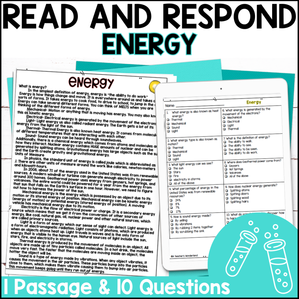 Energy Reading Comprehension U0026 Quiz Science Centers A Teacher s Wonderland