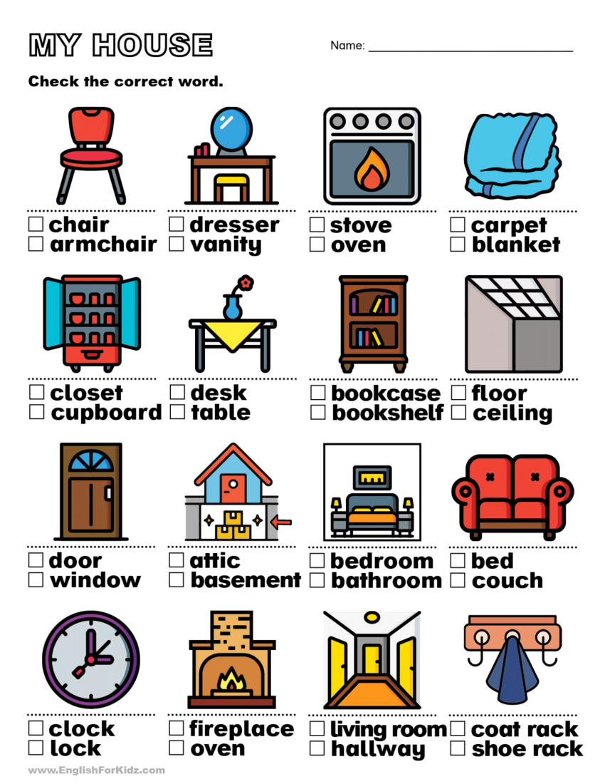 English For Kids Step By Step House Vocabulary Worksheets