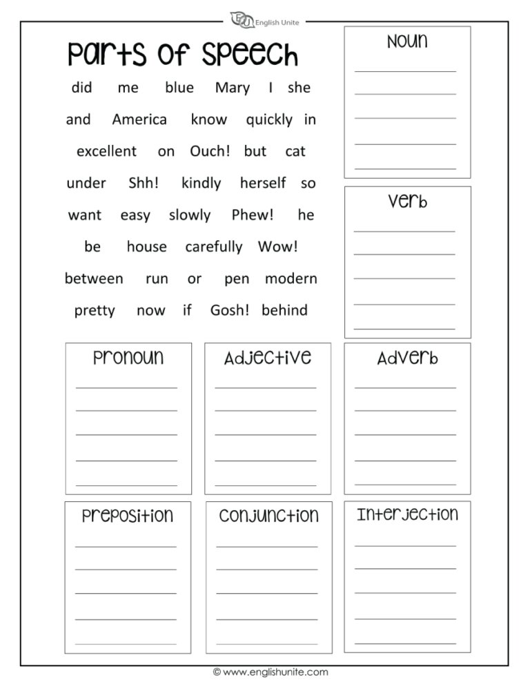 English Unite Parts Of Speech Worksheet