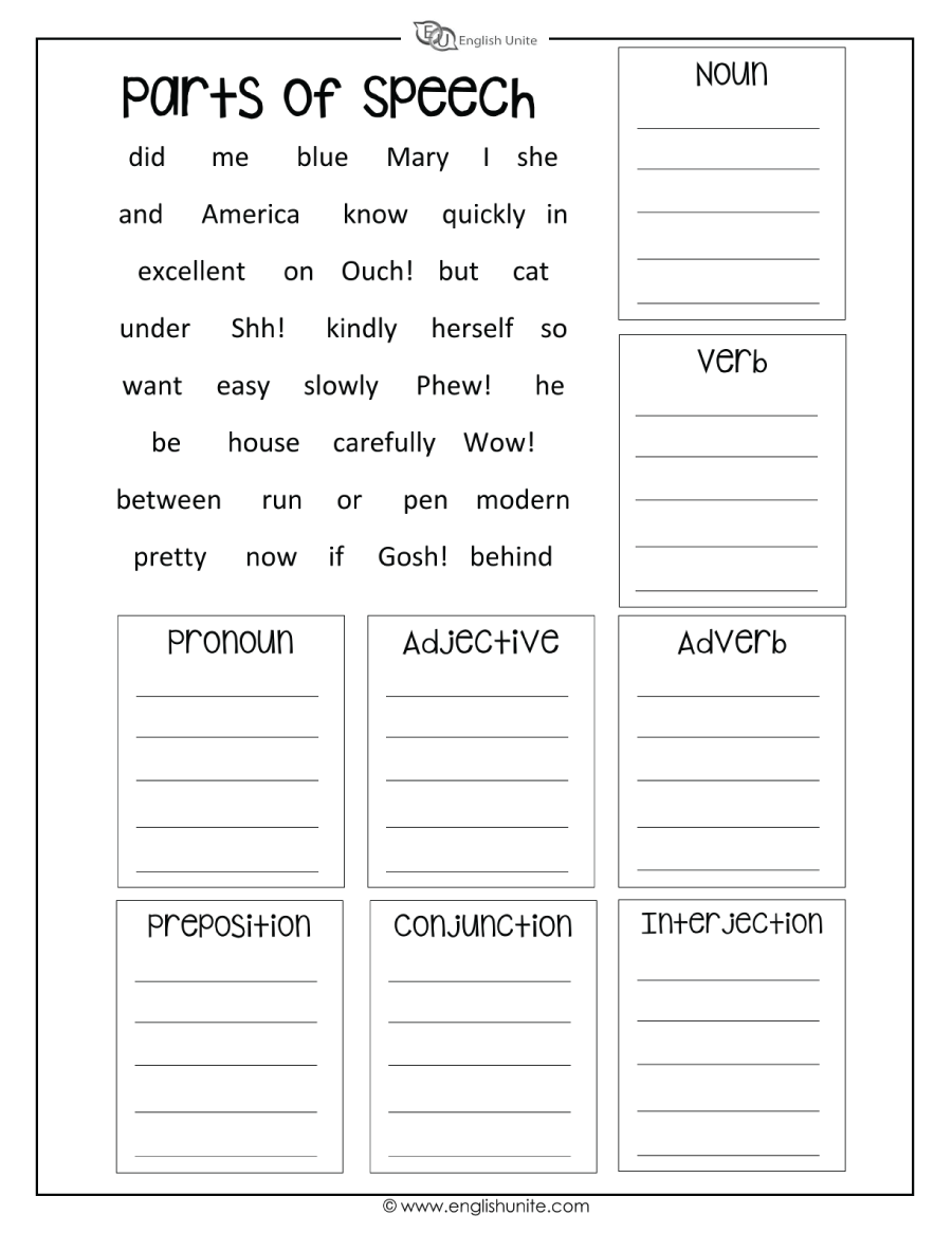 English Unite Parts Of Speech Worksheet English Unite Parts Of Speech Worksheet