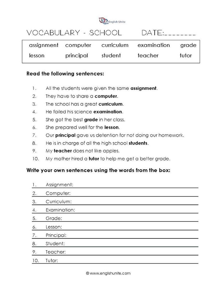 English Unite School Vocabulary Worksheet English Unite School Vocabulary Worksheet