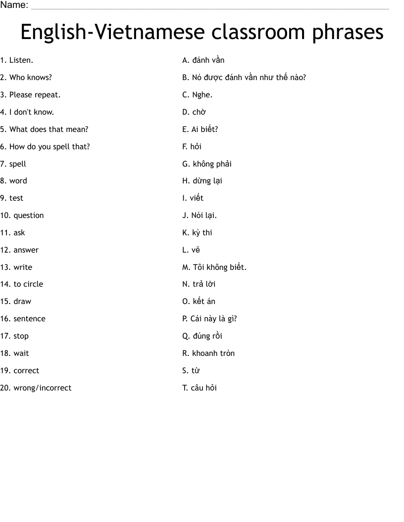English Vietnamese Classroom Phrases Worksheet WordMint