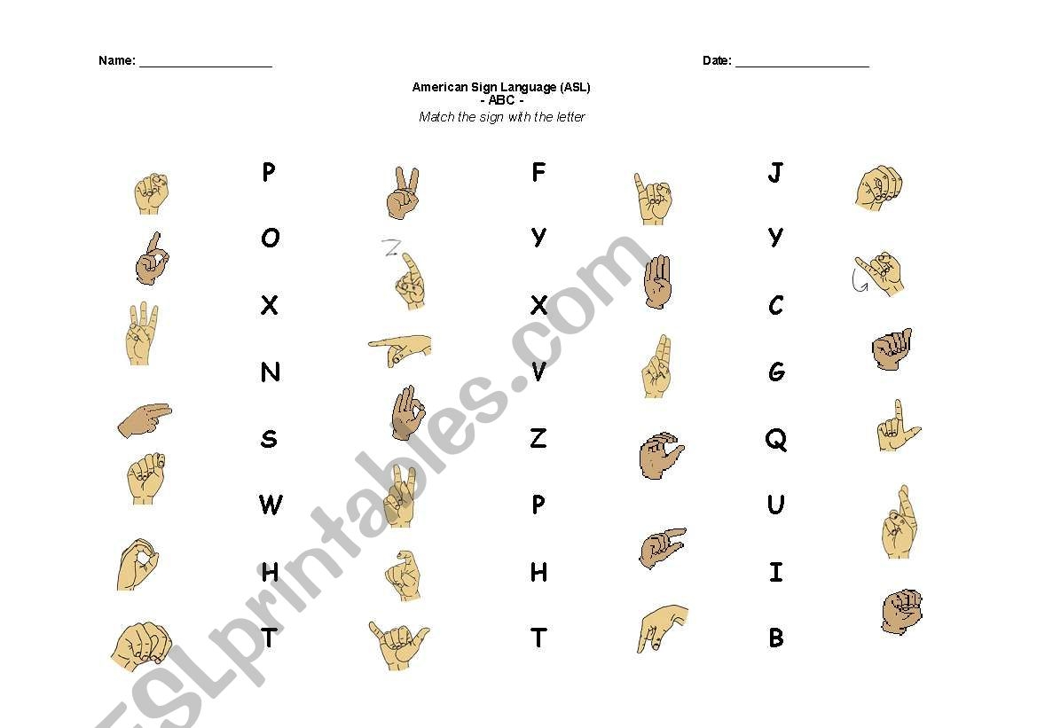 English Worksheets American Sign Language ABC