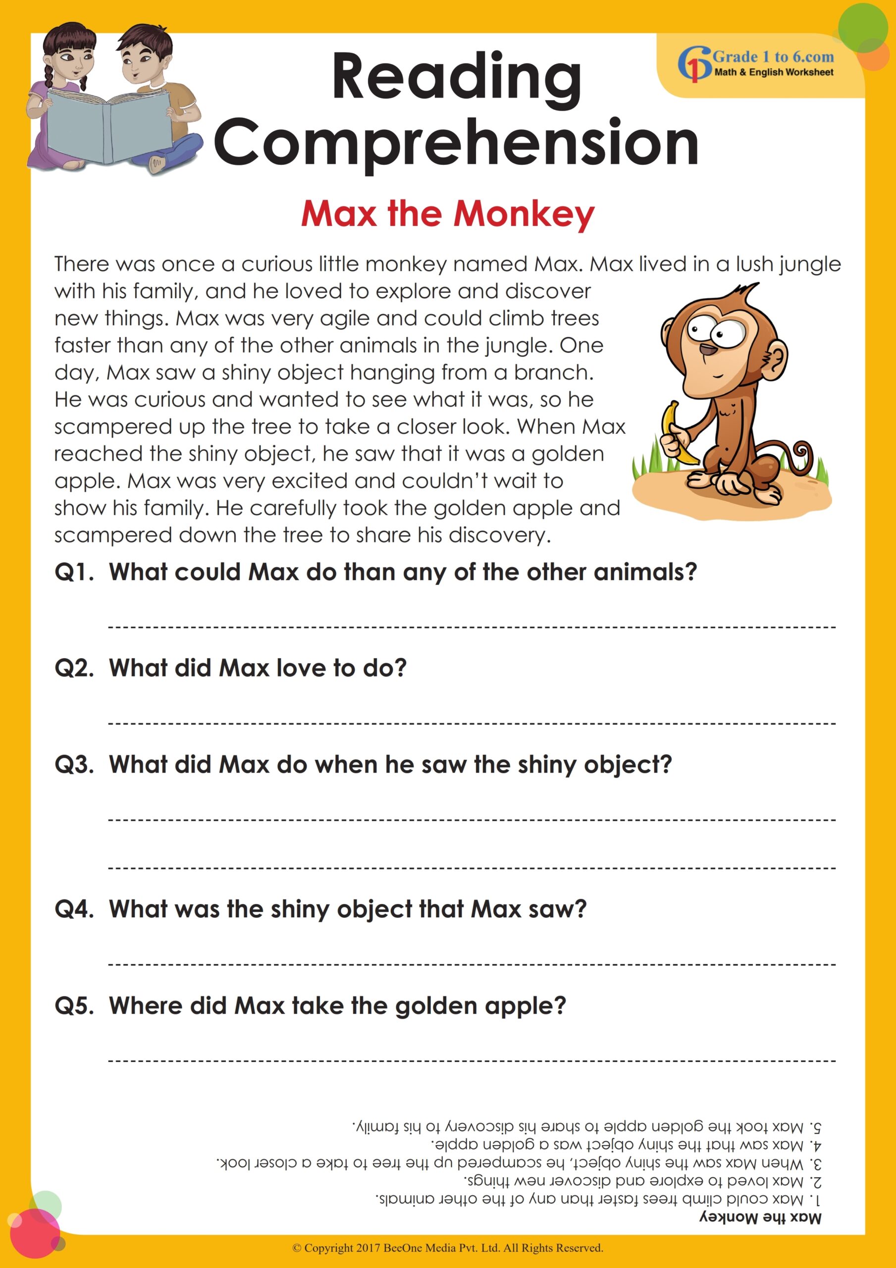 English Worksheets For Grade 1 Reading Comprehension