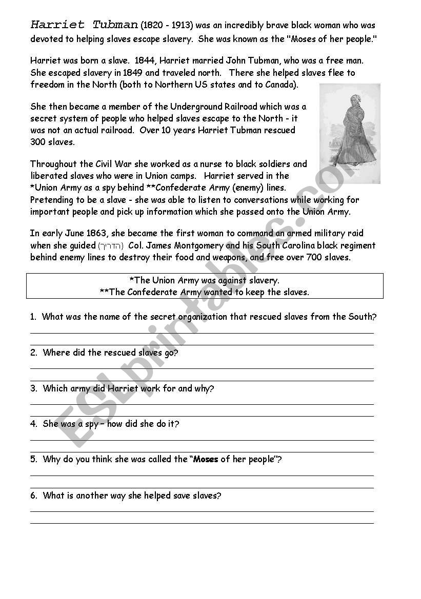 English Worksheets Harriet Tubman