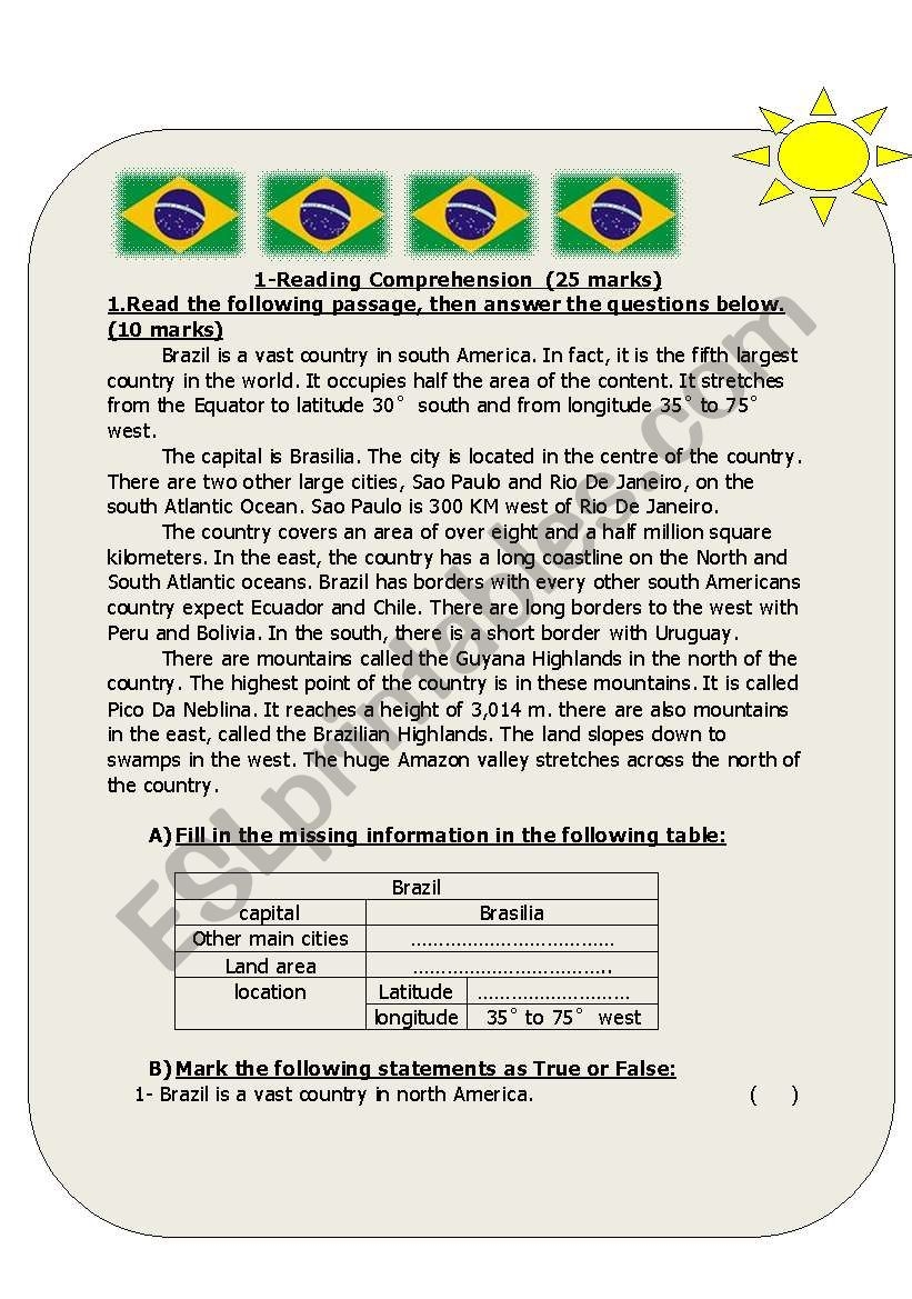 Brazil Reading Comprehension Worksheet
