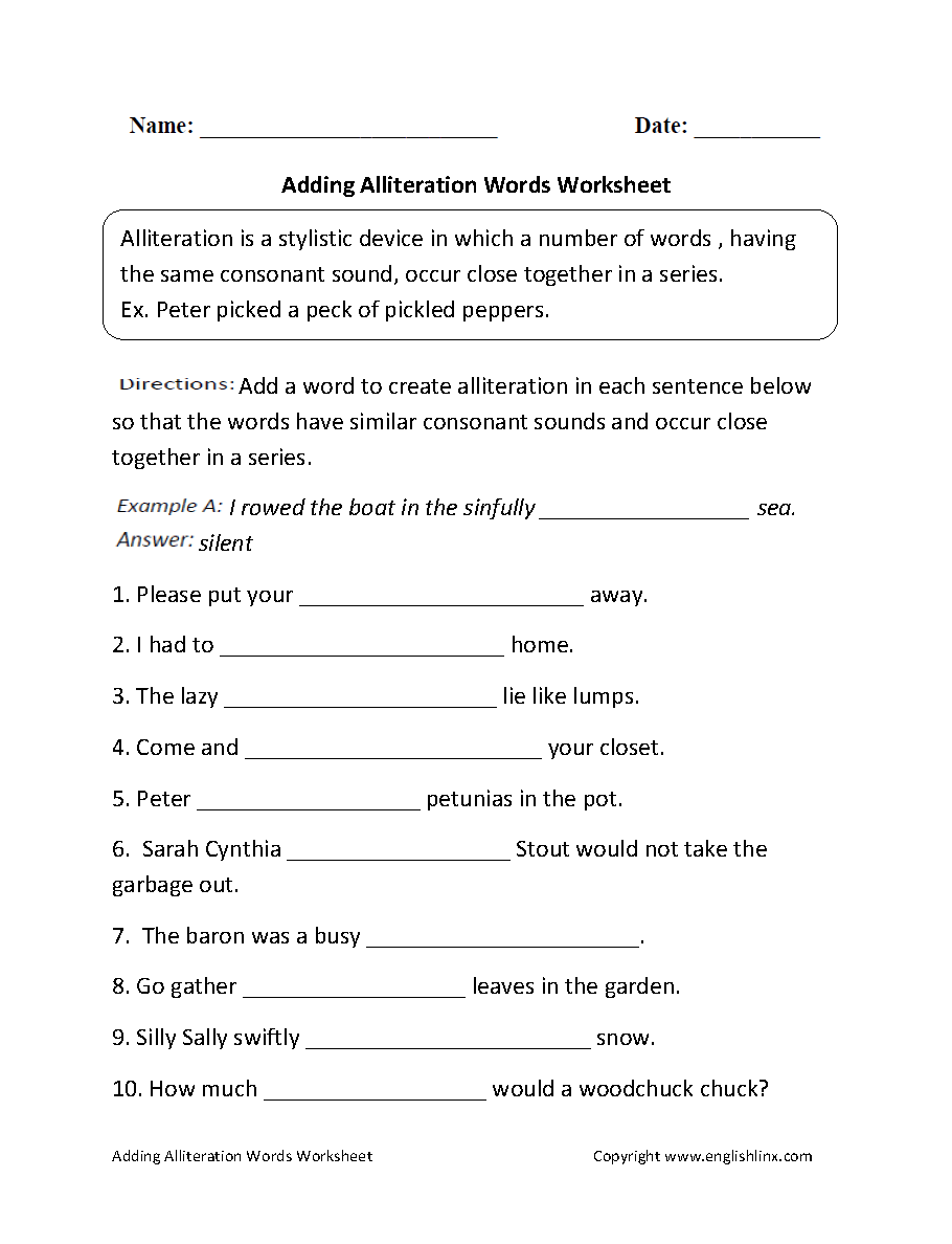 Englishlinx Alliteration Worksheets Englishlinx Alliteration Worksheets