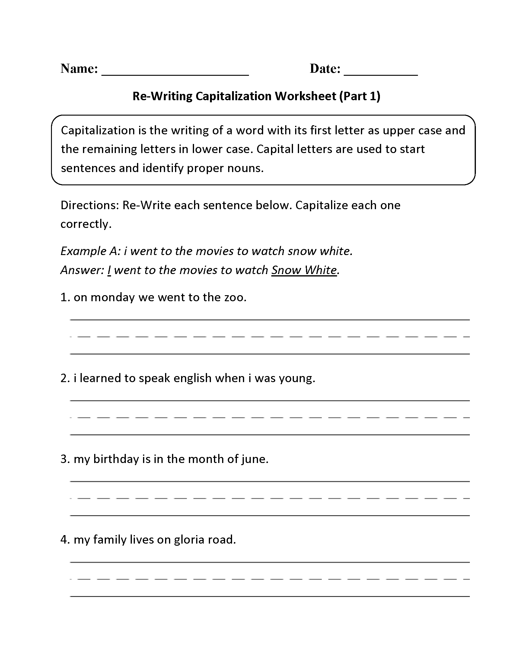 Free Printable Capitalization Worksheets For Kindergarten