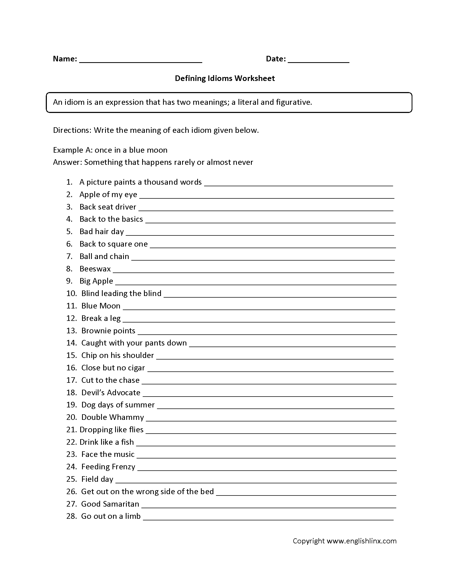 Englishlinx Idioms Worksheets Englishlinx Idioms Worksheets