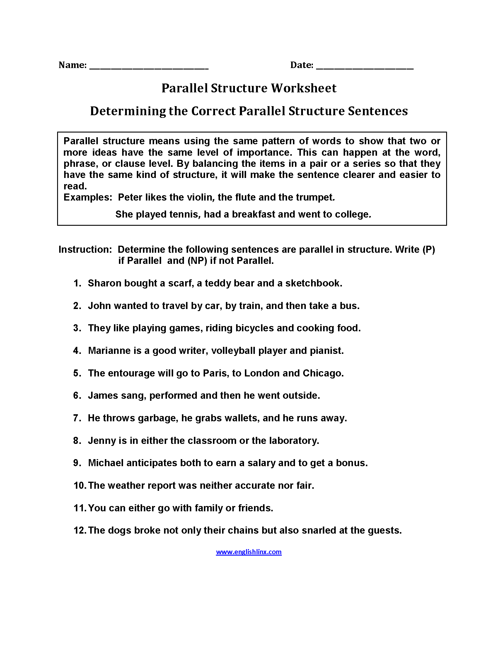 Englishlinx Parallel Structure Worksheets Englishlinx Parallel Structure Worksheets
