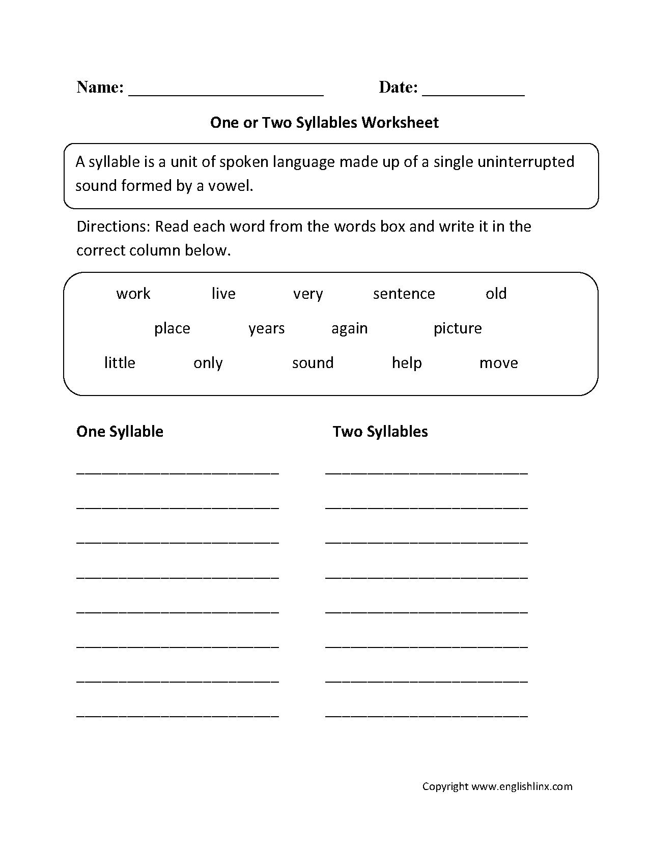Englishlinx Syllables Worksheets Englishlinx Syllables Worksheets