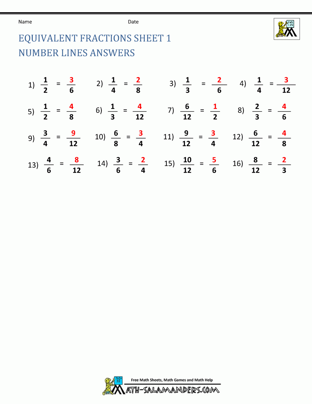 Equivalent Fractions Worksheet Equivalent Fractions Worksheet