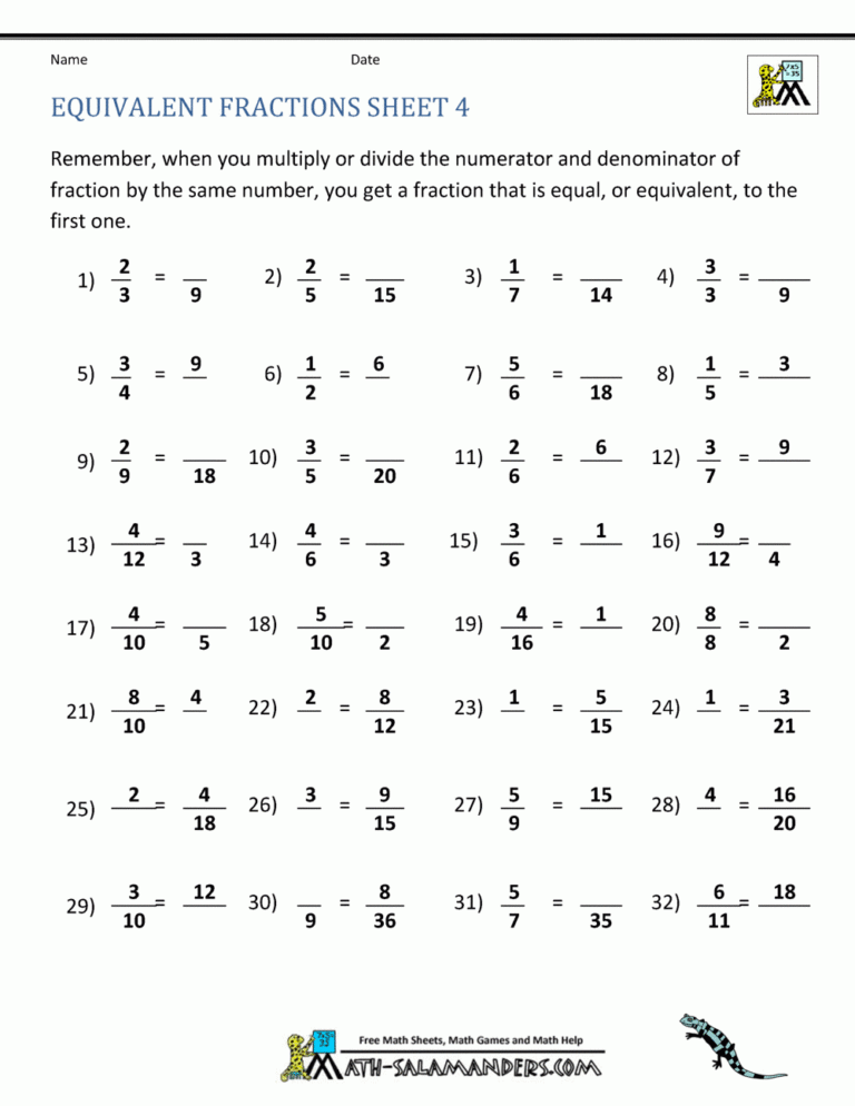 Equivalent Fractions Worksheet