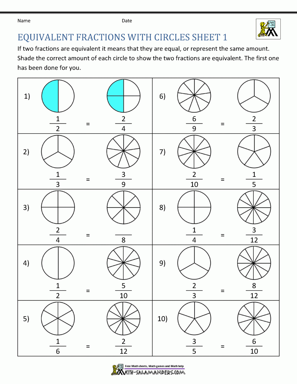 Equivalent Fractions Worksheet Equivalent Fractions Worksheet