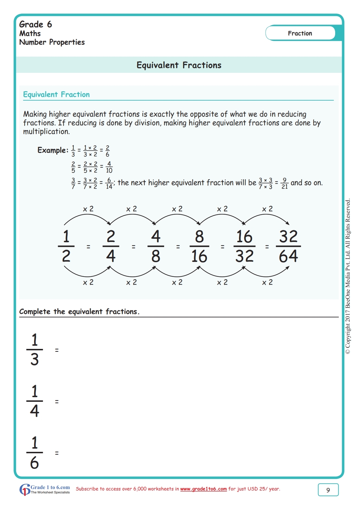 Equivalent Fractions Worksheets Grade1to6 Equivalent Fractions Worksheets Grade1to6