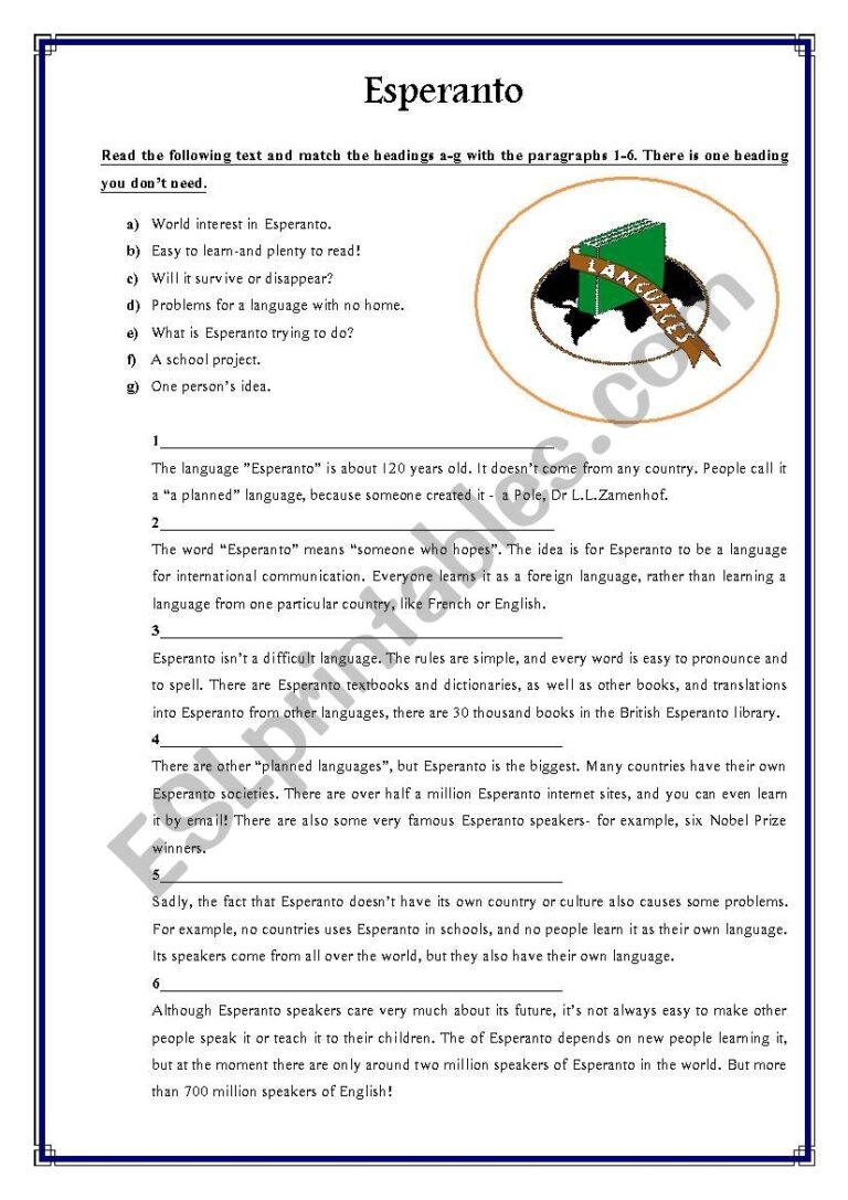 Esperanto ESL Worksheet By Cerida