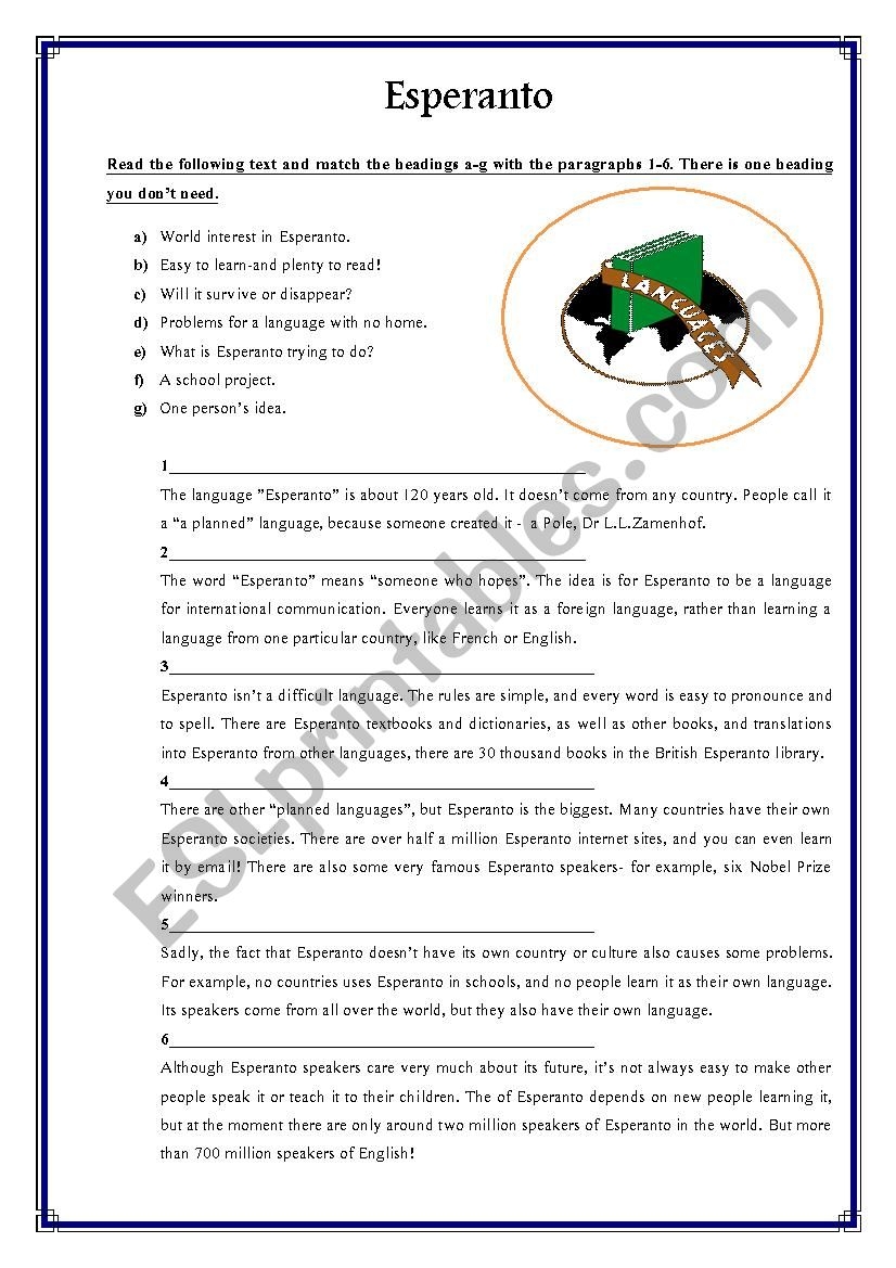 Esperanto ESL Worksheet By Cerida